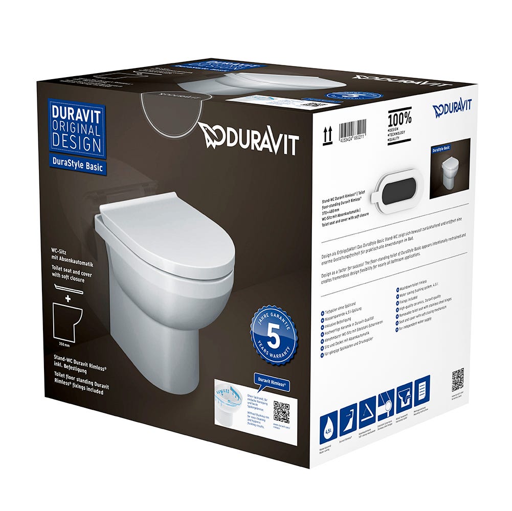 Duravit Durastyle Basic Floor Standing Rimless BTW Toilet with Soft