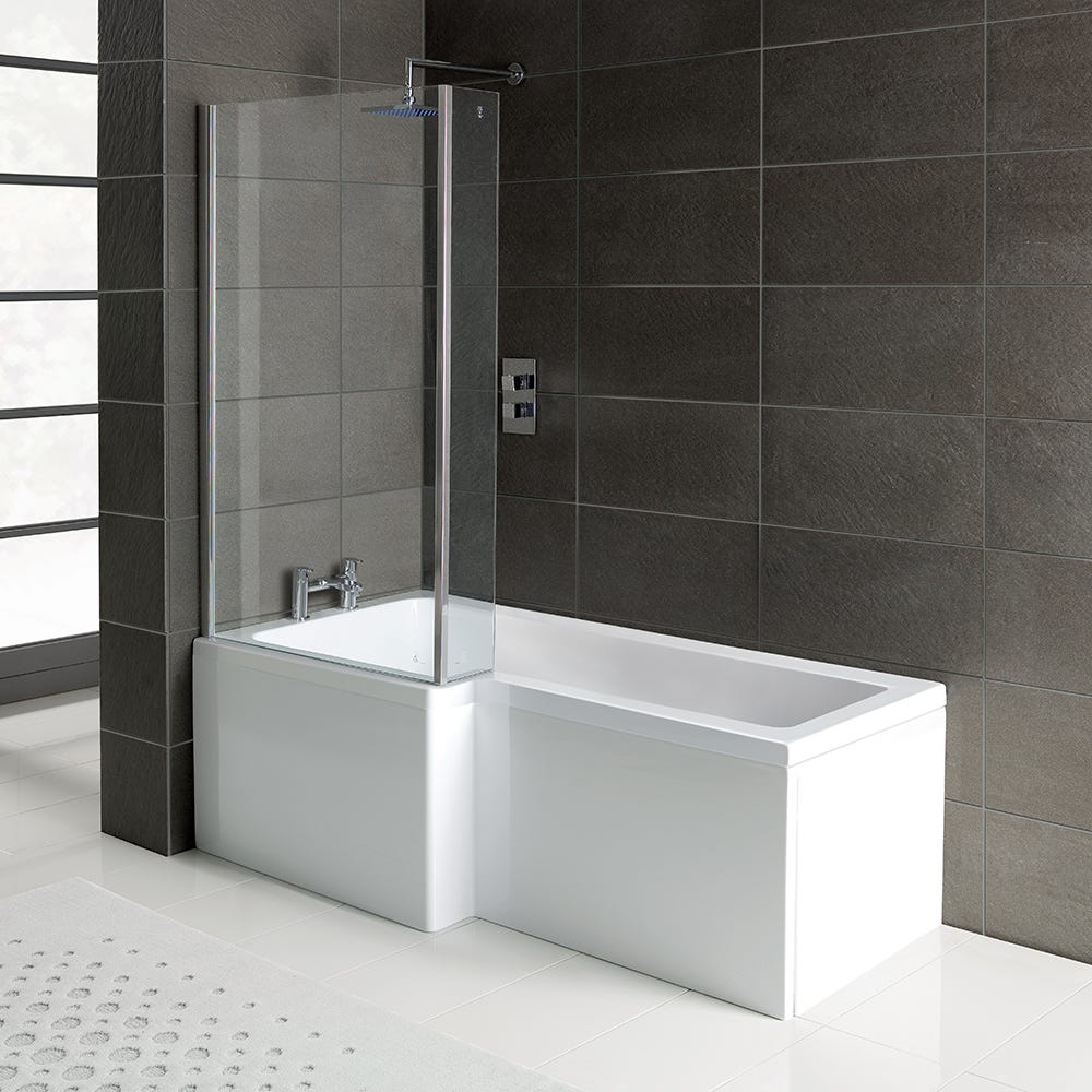 Essentials LShape LH Shower Bath 1700mm With Front Panel & Bath Screen