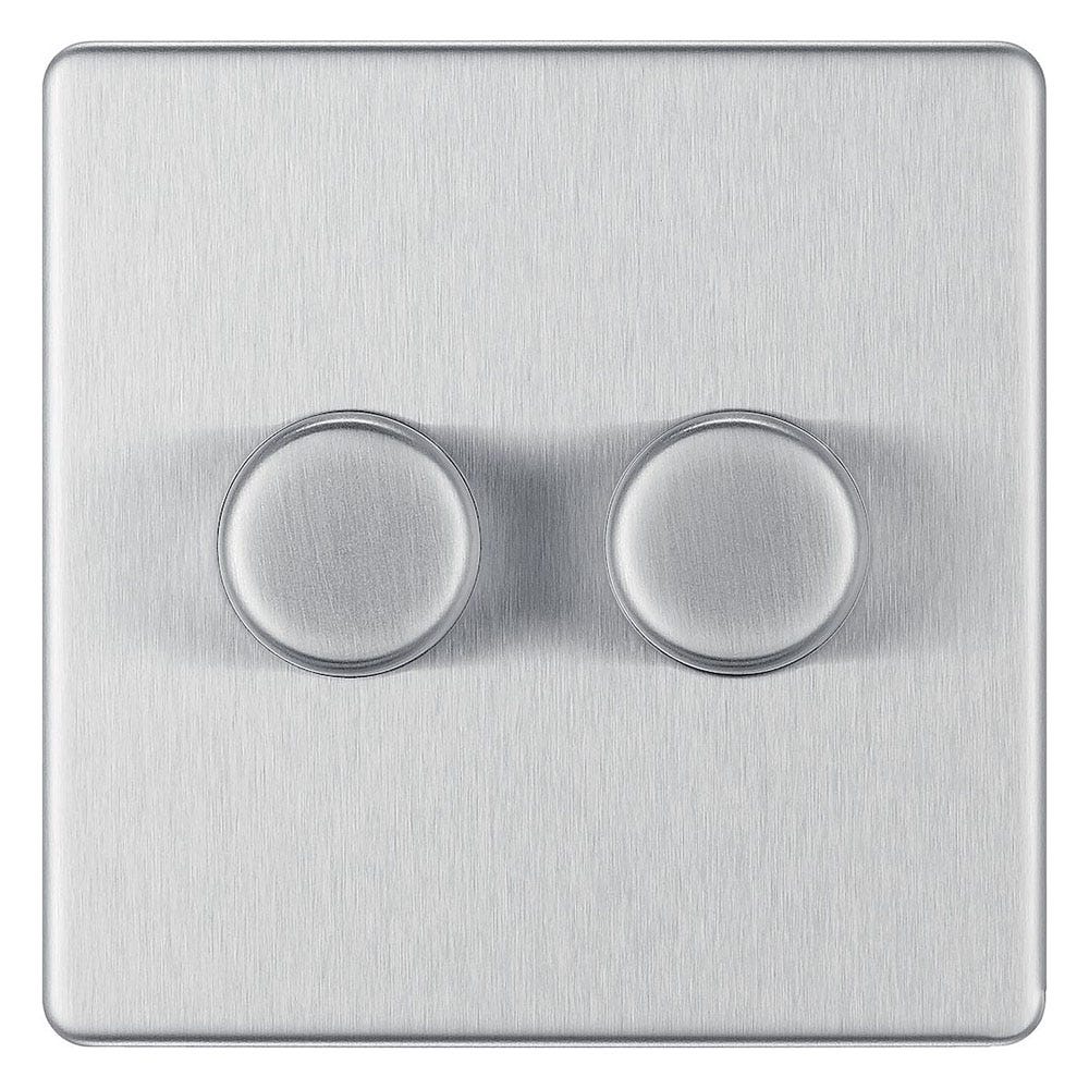 BG Screwless 200W 2 Gang 2 Way Push Dimmer Switch Brushed Steel FBS82