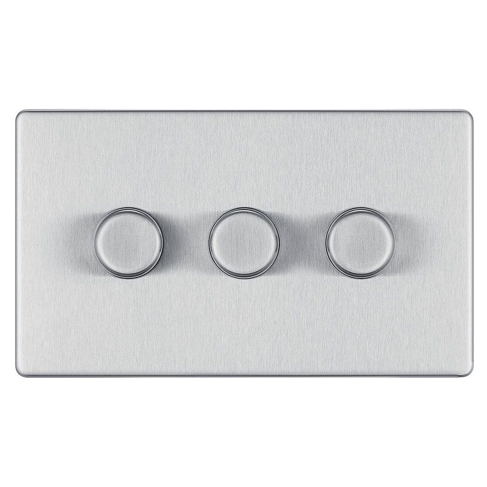 BG Screwless 200W 3 Gang 2 Way Push Dimmer Switch Brushed Steel FBS83