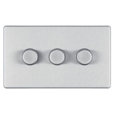 BG Screwless 200W 3 Gang 2 Way Push Dimmer Switch Brushed Steel FBS83