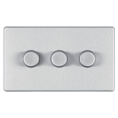 BG Nexus Screwless Flatplate 3 Gang 2 Way 200W Dimmer Switch Brushed Steel FBS83-01