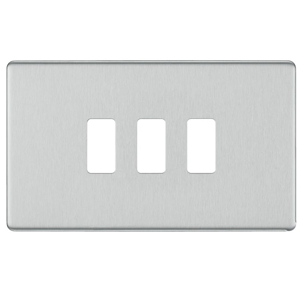 BG Grid Screwless 3 Gang Modular Front Plate Brushed Steel RFBS3