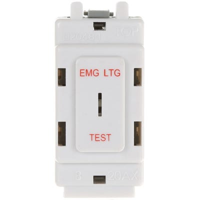 BG Nexus Grid 20A 2 Way Single Pole Secret Key Switch printed 'EMG LTG TEST' R12EL