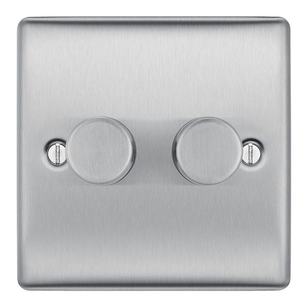 BG 200W 2 Gang 2 Way Push Dimmer Switch Brushed Steel NBS82