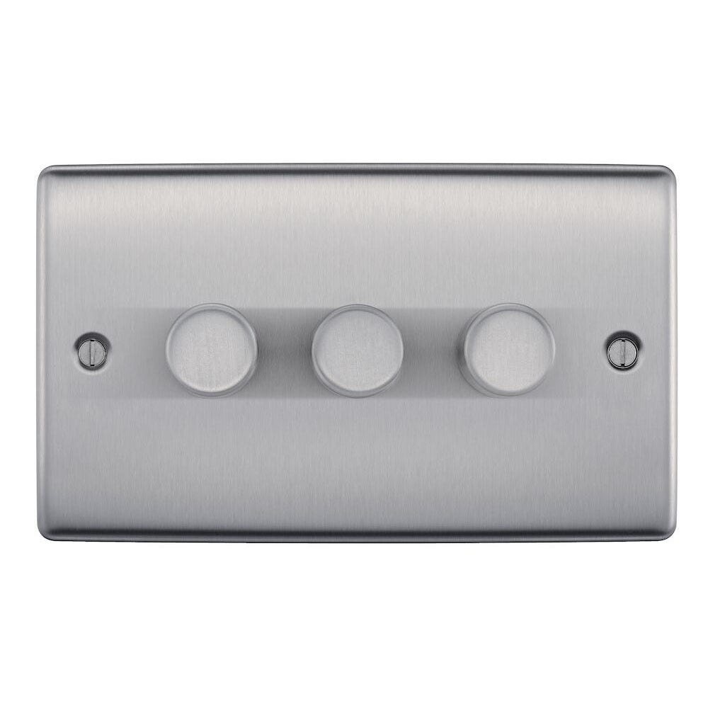 BG 200W 3 Gang 2 Way Push Dimmer Switch Brushed Steel NBS83