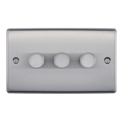 BG Nexus 200W 3 Gang 2 Way Dimmer Light Switch Push Brushed Steel NBS83-01