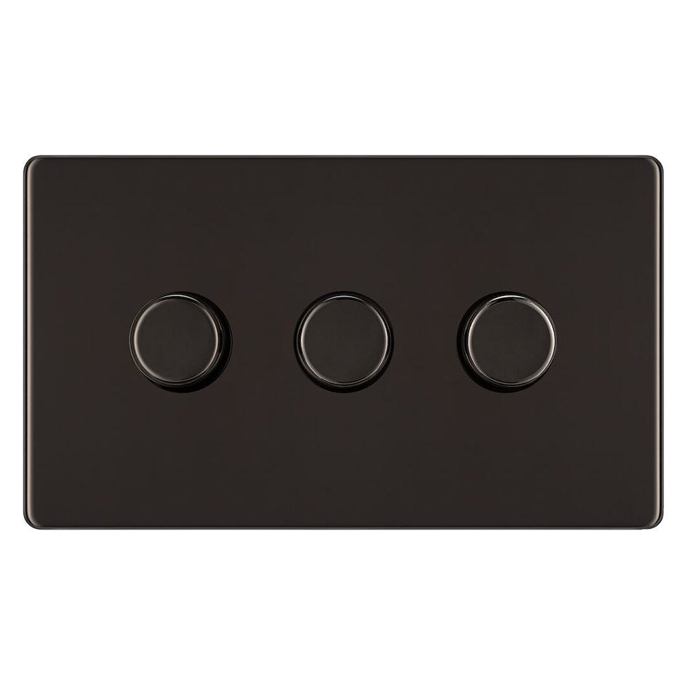 BG Screwless 200W 3 Gang 2 Way Push Dimmer Switch Black Nickel FBN83