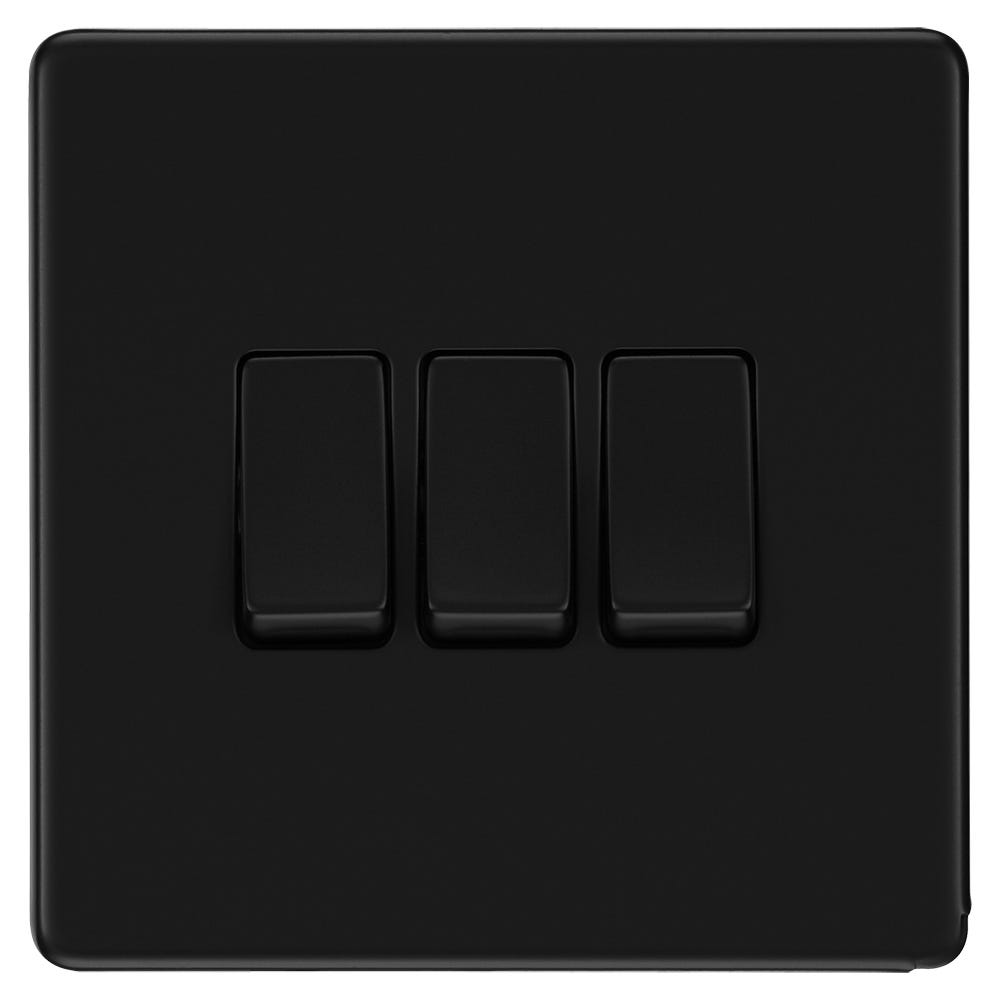 BG Screwless 20A 3 Gang 2 Way Light Switch Matt Black FFB43