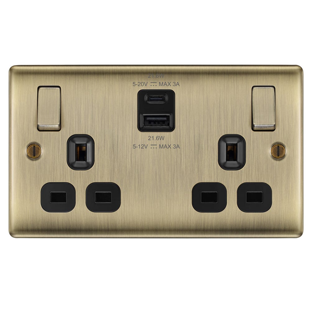 BG 13A 2 Gang 22W Switched Socket & USB-A+C Antique Brass NAB22UAC22B