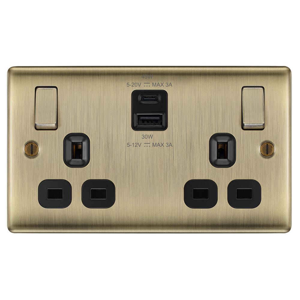 BG 13A 2 Gang 45W Switched Socket & USB-A+C Antique Brass NAB22UAC45B-01