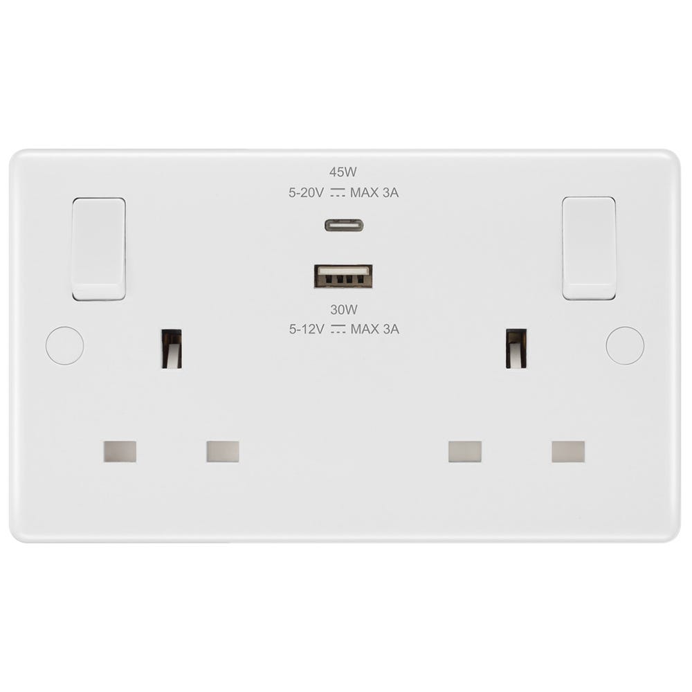 BG 13A 45W 2 Gang Switched Socket & USB-A+C White Moulded 822UAC45-01