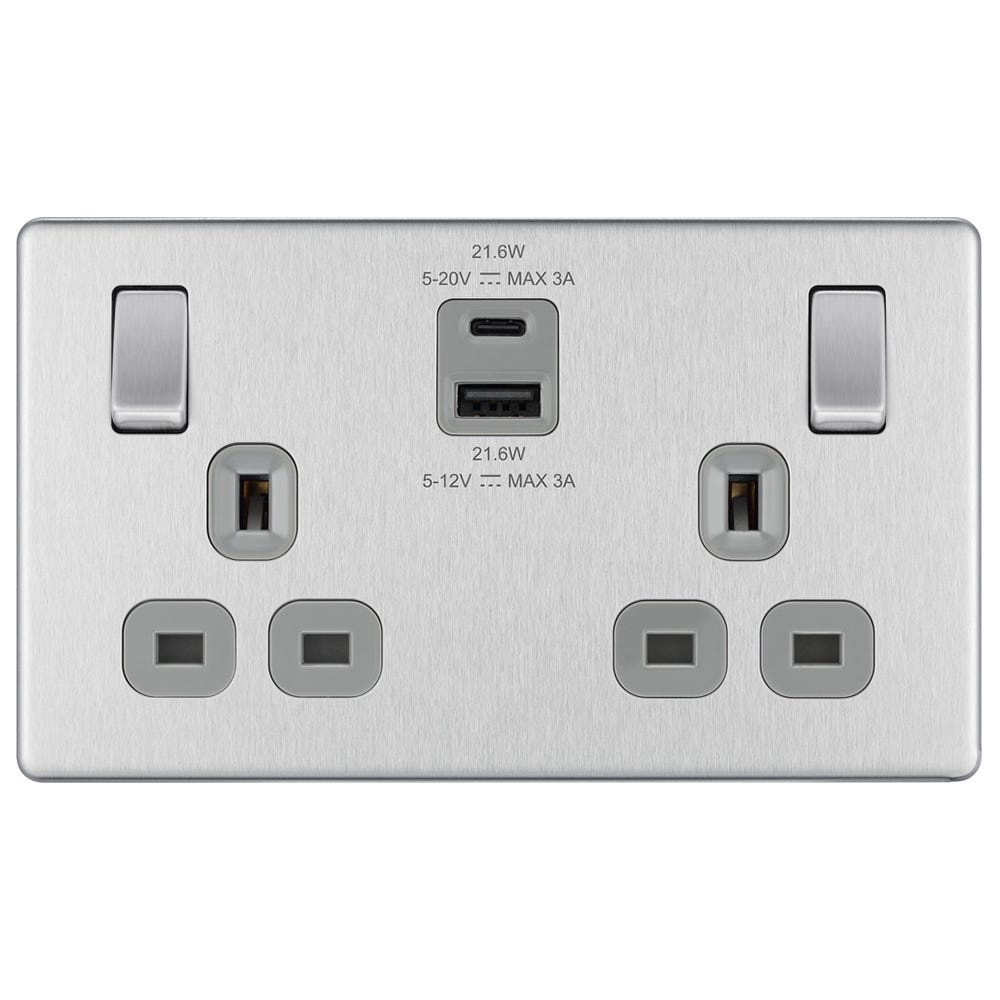 BG Screwless 13A 2 Gang 22W Switched Socket & USB-A+C Brushed Steel FBS22UAC22G-01