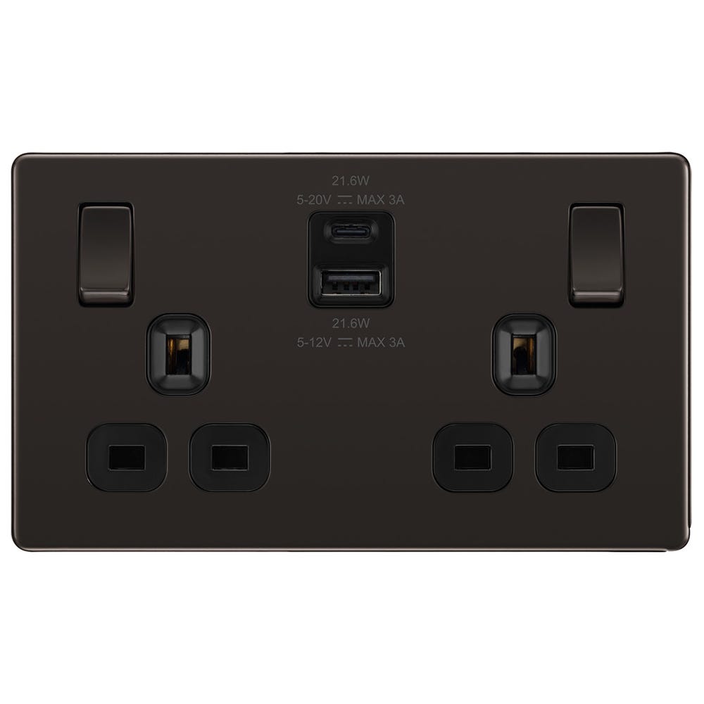 BG Screwless 13A 2 Gang 22W Switched Socket & USB-A+C Black Nickel FBN22UAC22B-01