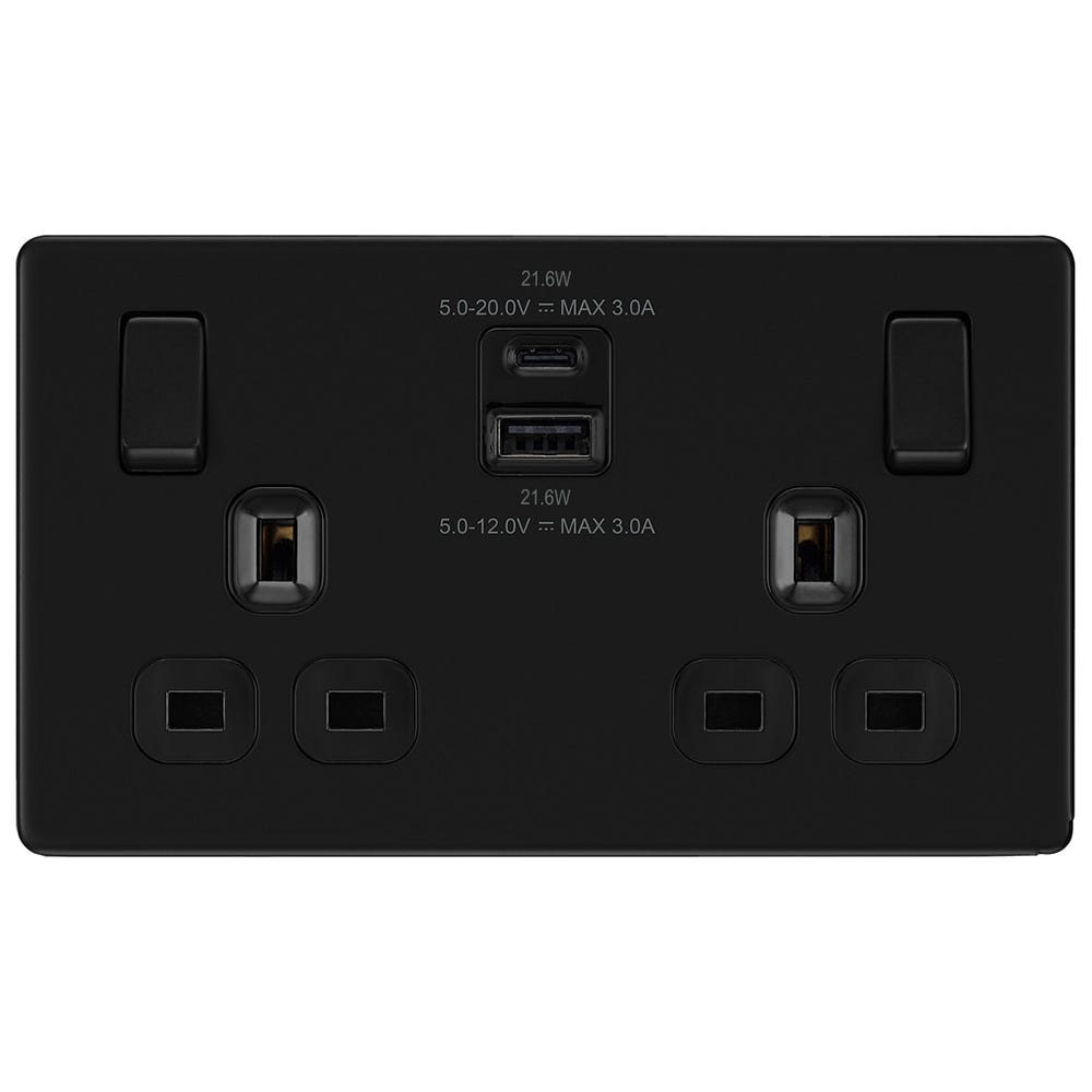 BG Screwless 13A 2 Gang 22W Switched Socket & USB-A+C Matt Black FFB22UAC22B-01