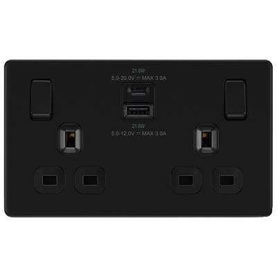 BG Screwless 13A 2 Gang 22W Switched Socket & USB-A+C Matt Black FFB22UAC22B-01