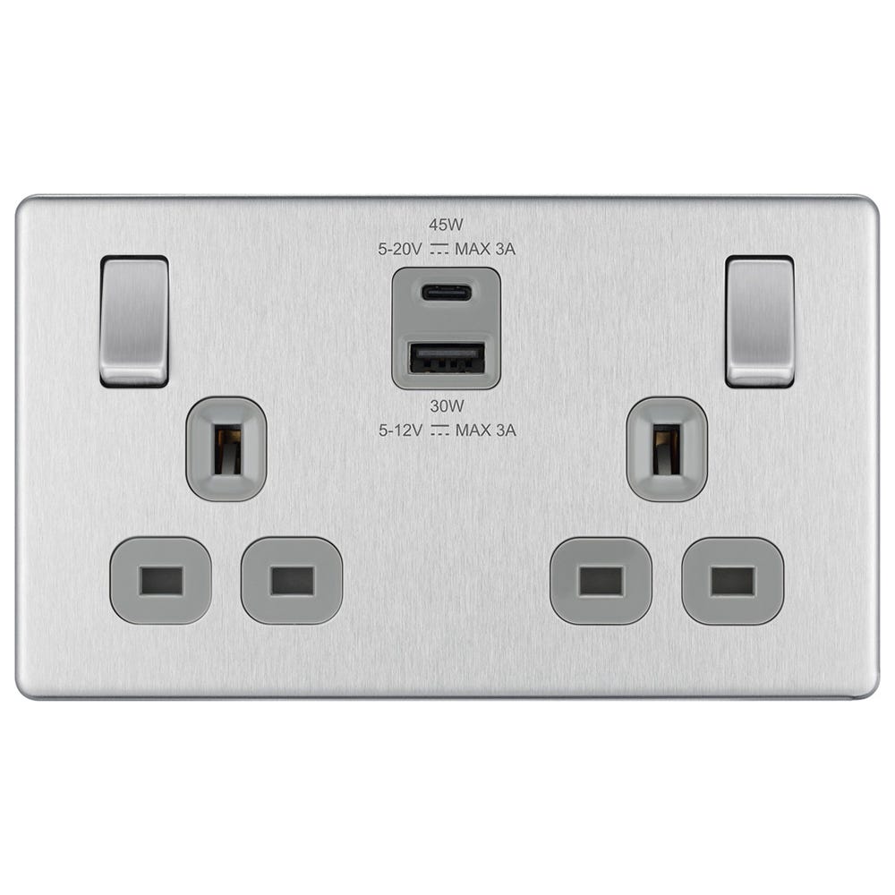 BG Screwless 13A 2 Gang 45W Switched Socket & USB-A+C Brushed Steel FBS22UAC45G-01