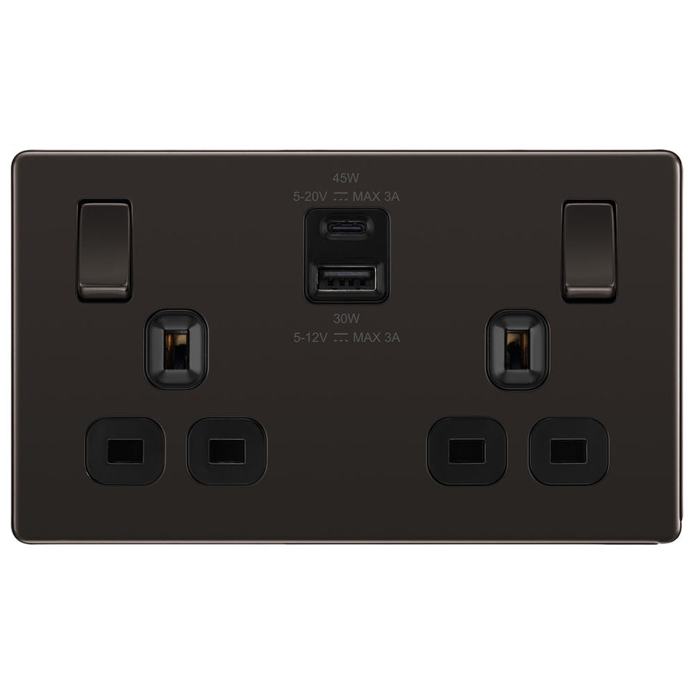 BG Screwless 13A 2 Gang 45W Switched Socket & USB-A+C Black Nickel FBN22UAC45B-01