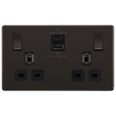 BG Screwless 13A 2 Gang 45W Switched Socket & USB-A+C Black Nickel FBN22UAC45B-01