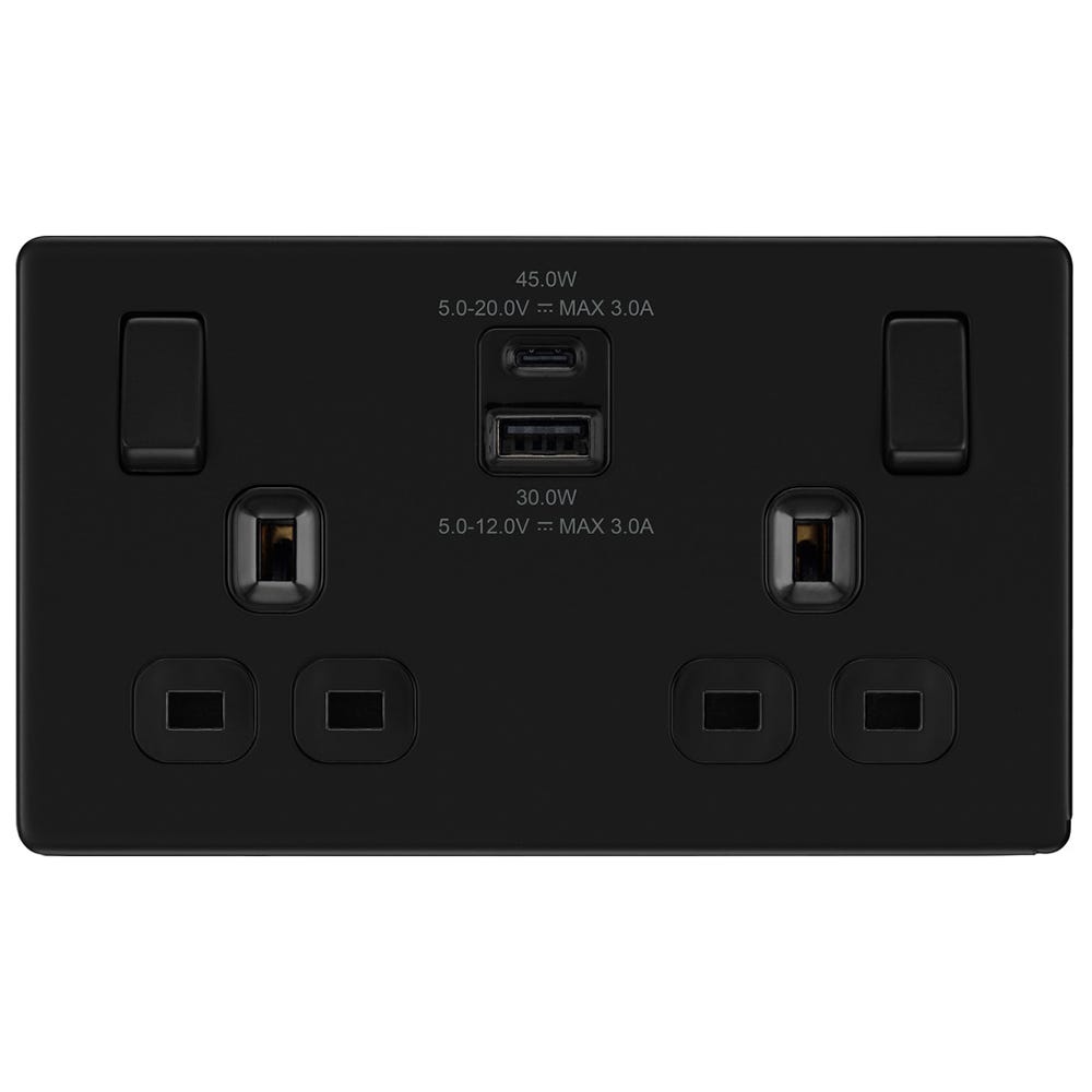 BG Screwless 13A 2 Gang 45W Switched Socket & USB-A+C Matt Black FFB22UAC45B-01