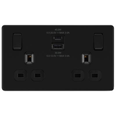 BG Screwless 13A 2 Gang 45W Switched Socket & USB-A+C Matt Black FFB22UAC45B-01