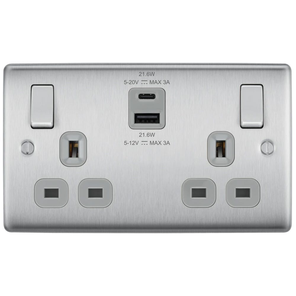 BG 13A 22W 2 Gang Switched Socket & USB-A+C Brushed Steel NBS22UAC22G-01