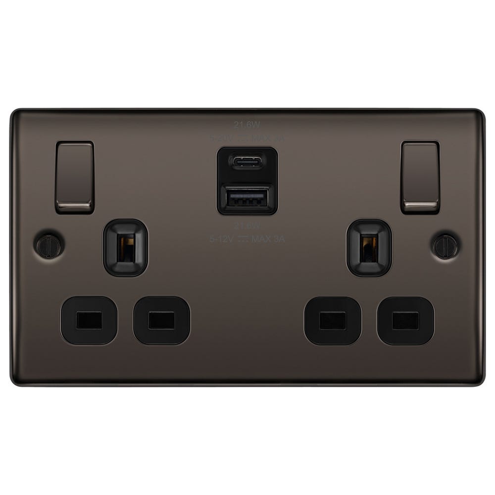 BG 13A 22W 2 Gang Switched Socket & USB-A+C Black Nickel NBN22UAC22B-01