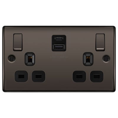 BG 13A 22W 2 Gang Switched Socket & USB-A+C Black Nickel NBN22UAC22B-01