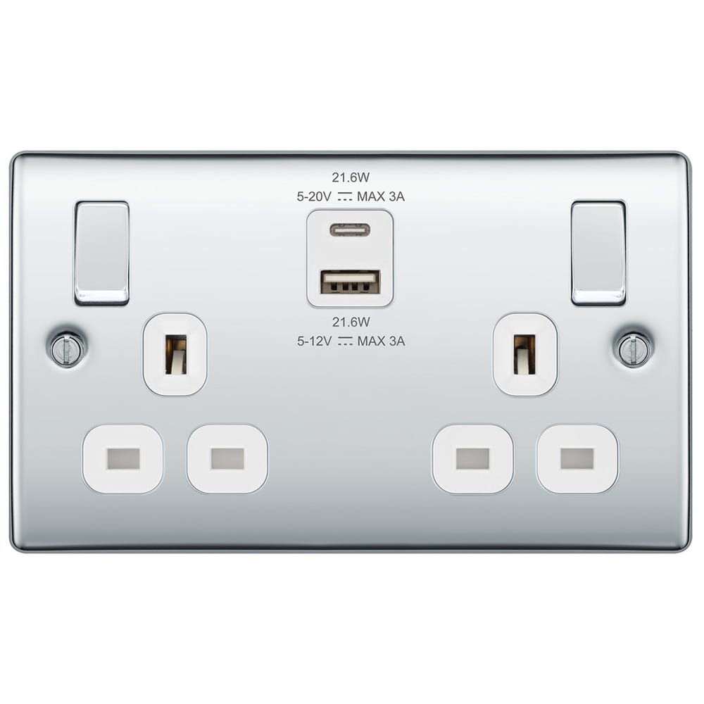 BG 13A 22W 2 Gang Switched Socket & USB-A+C Polished Chrome NPC22UAC22W-01