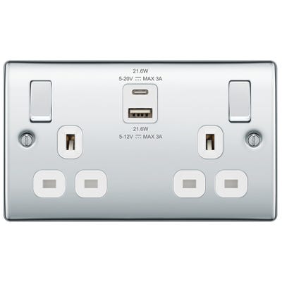 BG 13A 22W 2 Gang Switched Socket & USB-A+C Polished Chrome NPC22UAC22W-01