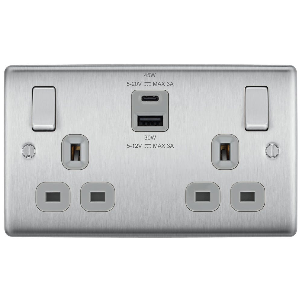 BG 13A 45W 2 Gang Switched Socket & USB-A+C Brushed Steel NBS22UAC45G-01