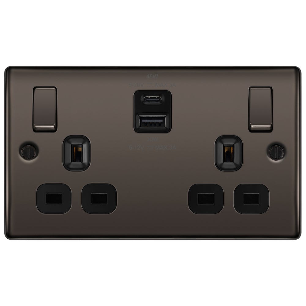 BG 13A 45W 2 Gang Switched Socket & USB-A+C Black Nickel NBN22UAC45B-01