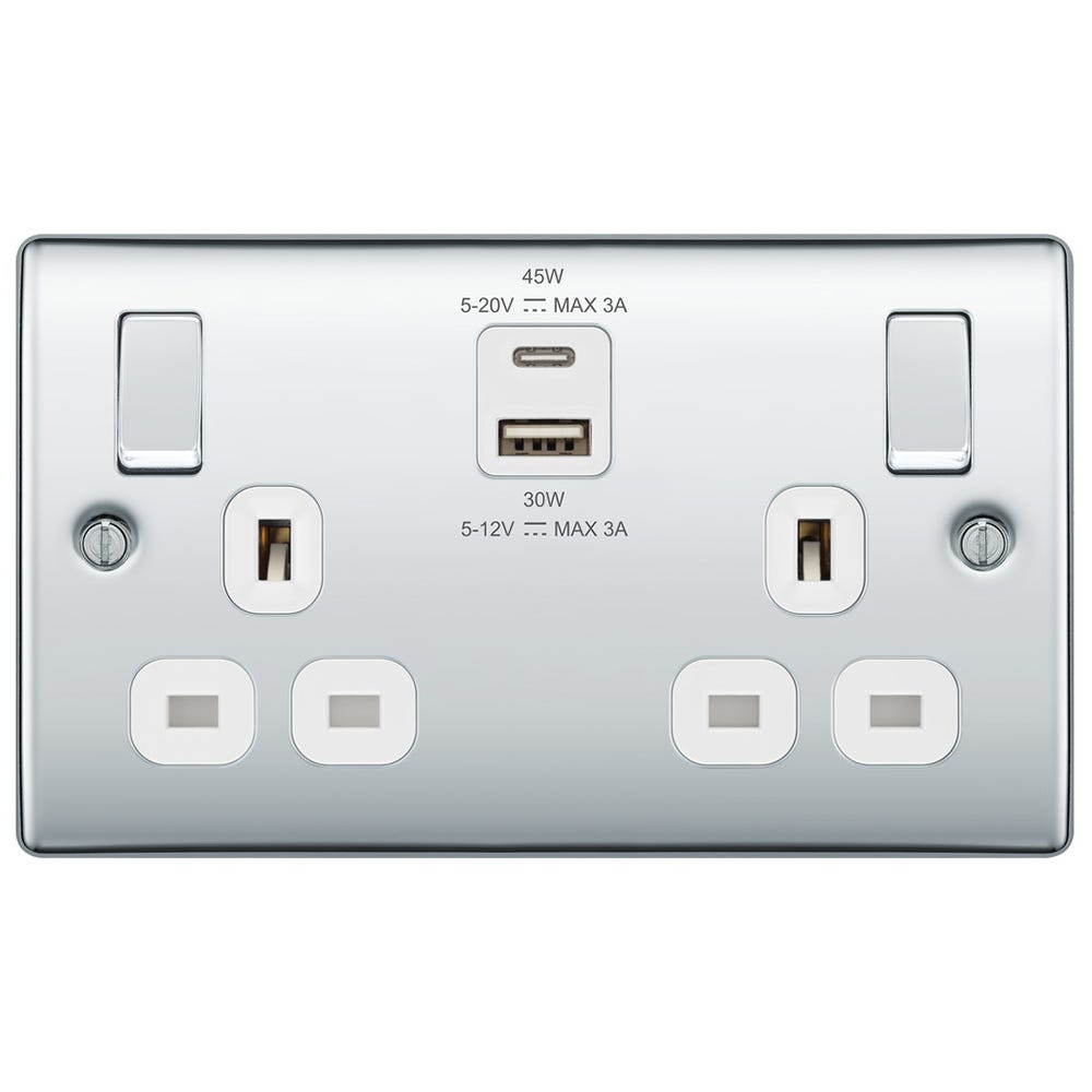 BG 13A 45W 2 Gang Switched Socket & USB-A+C Polished Chrome NPC22UAC45W-01