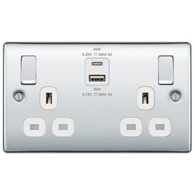 BG 13A 45W 2 Gang Switched Socket & USB-A+C Polished Chrome NPC22UAC45W-01