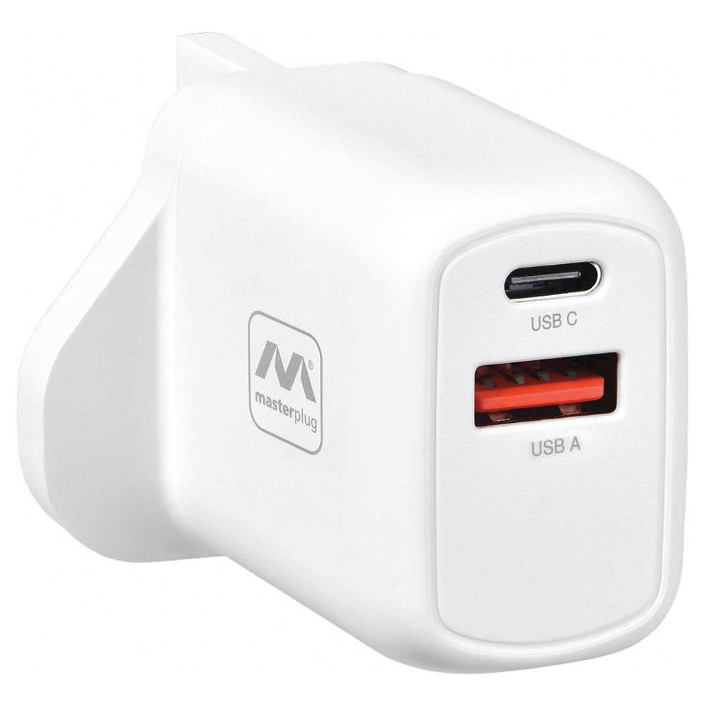 Masterplug Super-Fast USB-A+C Charger Plug 30W White USBPLGAC30W/U-MP