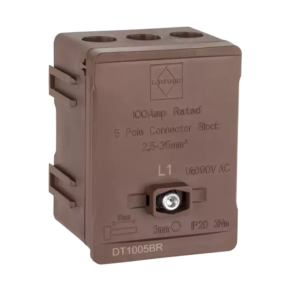 Lewden 100A 35mm 5 Way Single Pole Terminal Block Brown