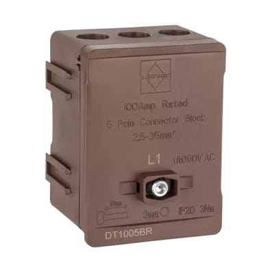 Lewden 100A 35mm 5 Way Single Pole Terminal Block Brown