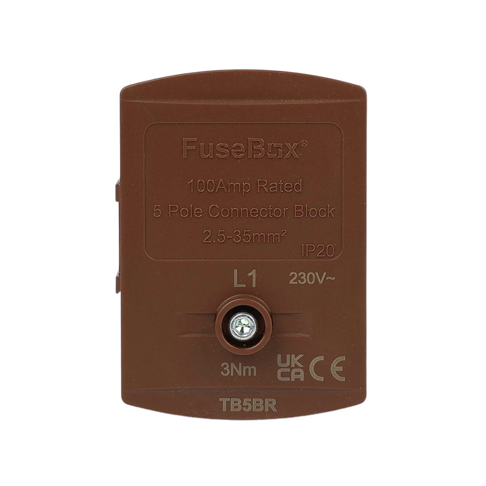 FuseBox 100A 35mm 5 Way Single Pole Terminal Block Brown
