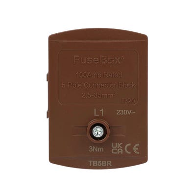 FuseBox 100A 35mm 5 Way Single Pole Terminal Block Brown