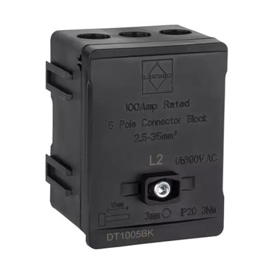 Lewden 100A 35mm 5 Way Single Pole Terminal Block Black