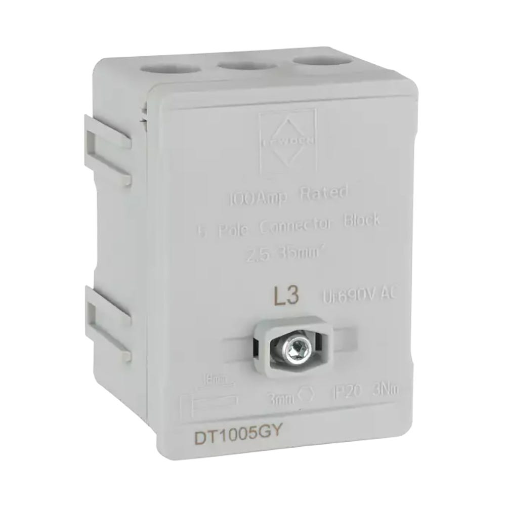 Lewden 100A 35mm 5 Way Single Pole Terminal Block Grey