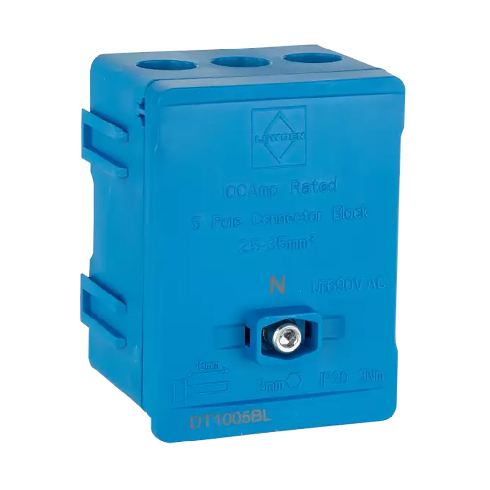 Lewden 100A 35mm 5 Way Single Pole Terminal Block Blue