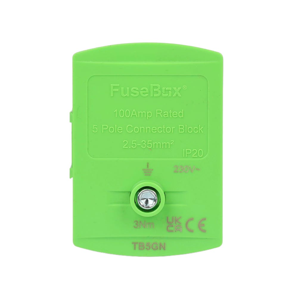 FuseBox 100A 35mm 5 Way Single Pole Terminal Block Green