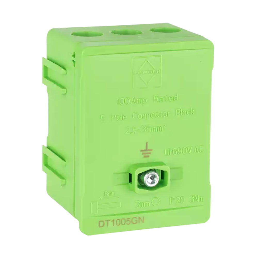 Lewden 100A 35mm 5 Way Single Pole Terminal Block Green