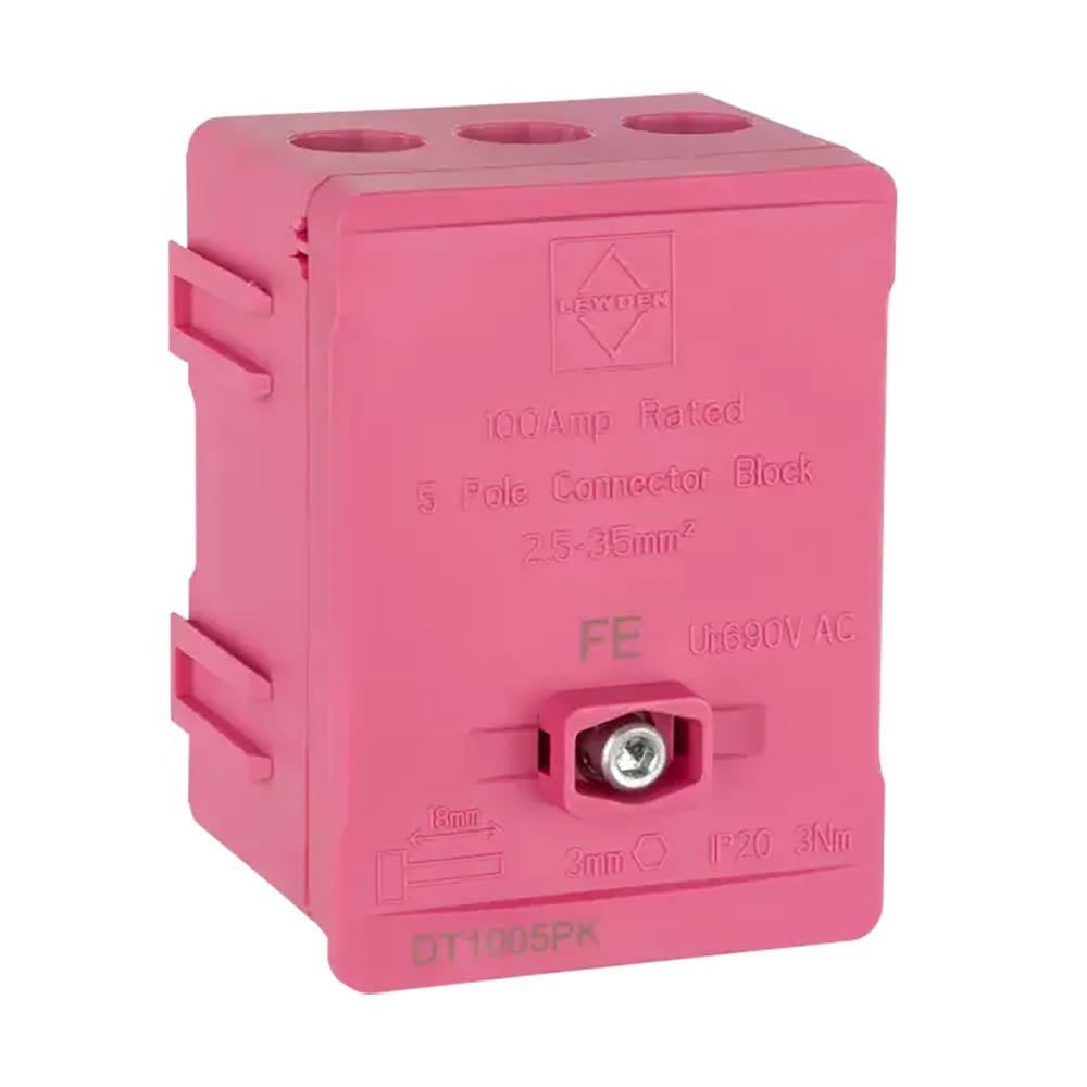 Lewden 100A 35mm 5 Way Single Pole Terminal Block Pink