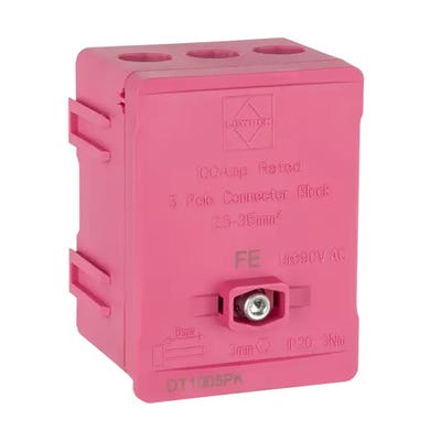 Lewden 100A 35mm 5 Way Single Pole Terminal Block Pink
