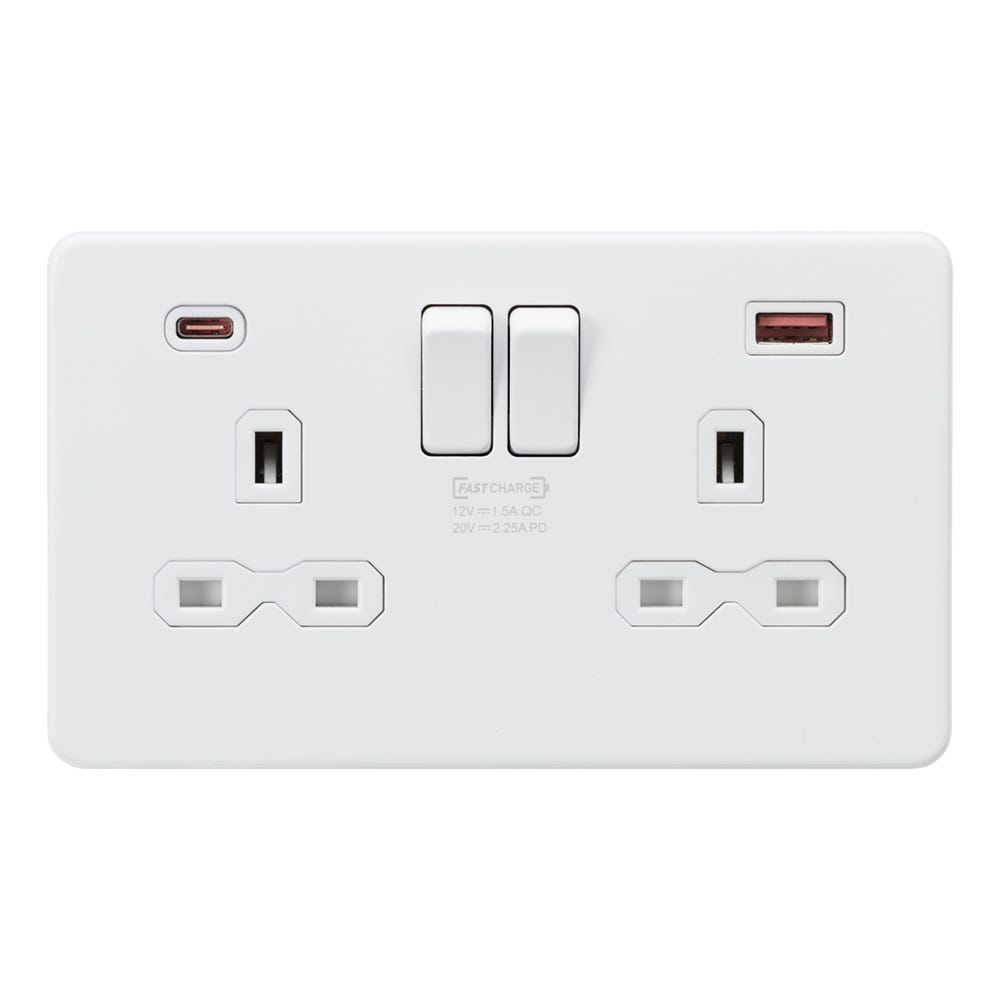 Knightsbridge Screwless 13A 2 Gang 45W Switched Socket & USB-A+C Matt White SFR9945MW