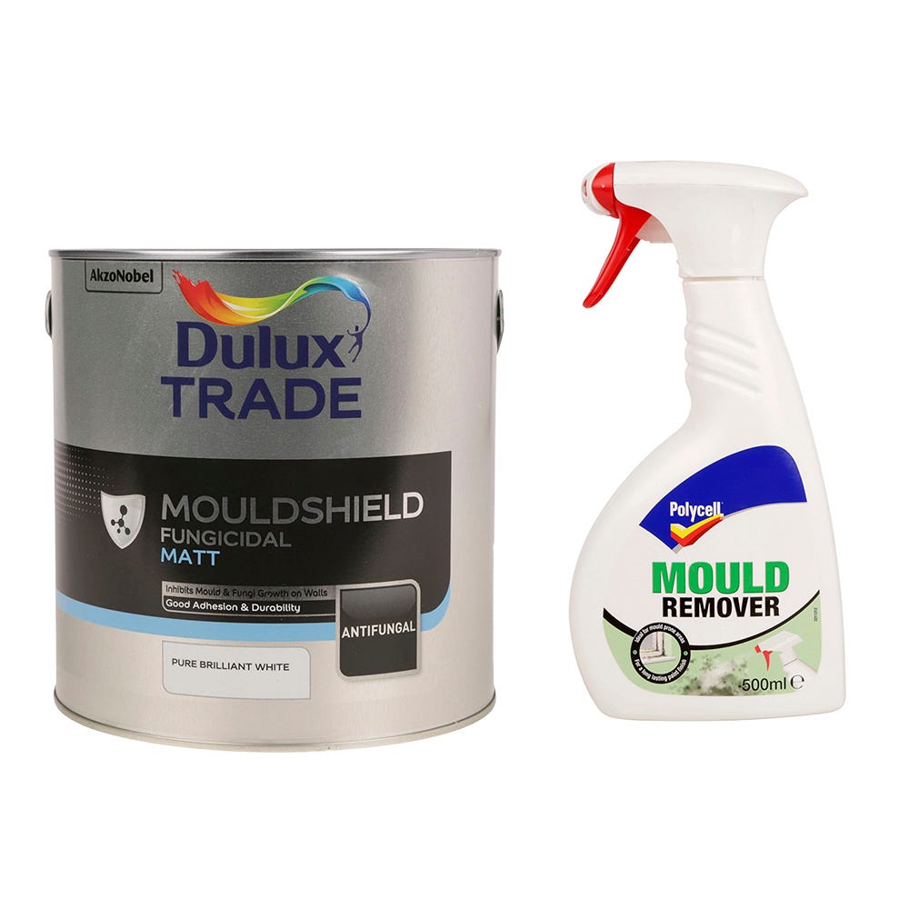 Dulux Trade Mouldshield Fungicidal Matt Paint 2.5L Pure Brilliant White & Free Polycell Mould Remover