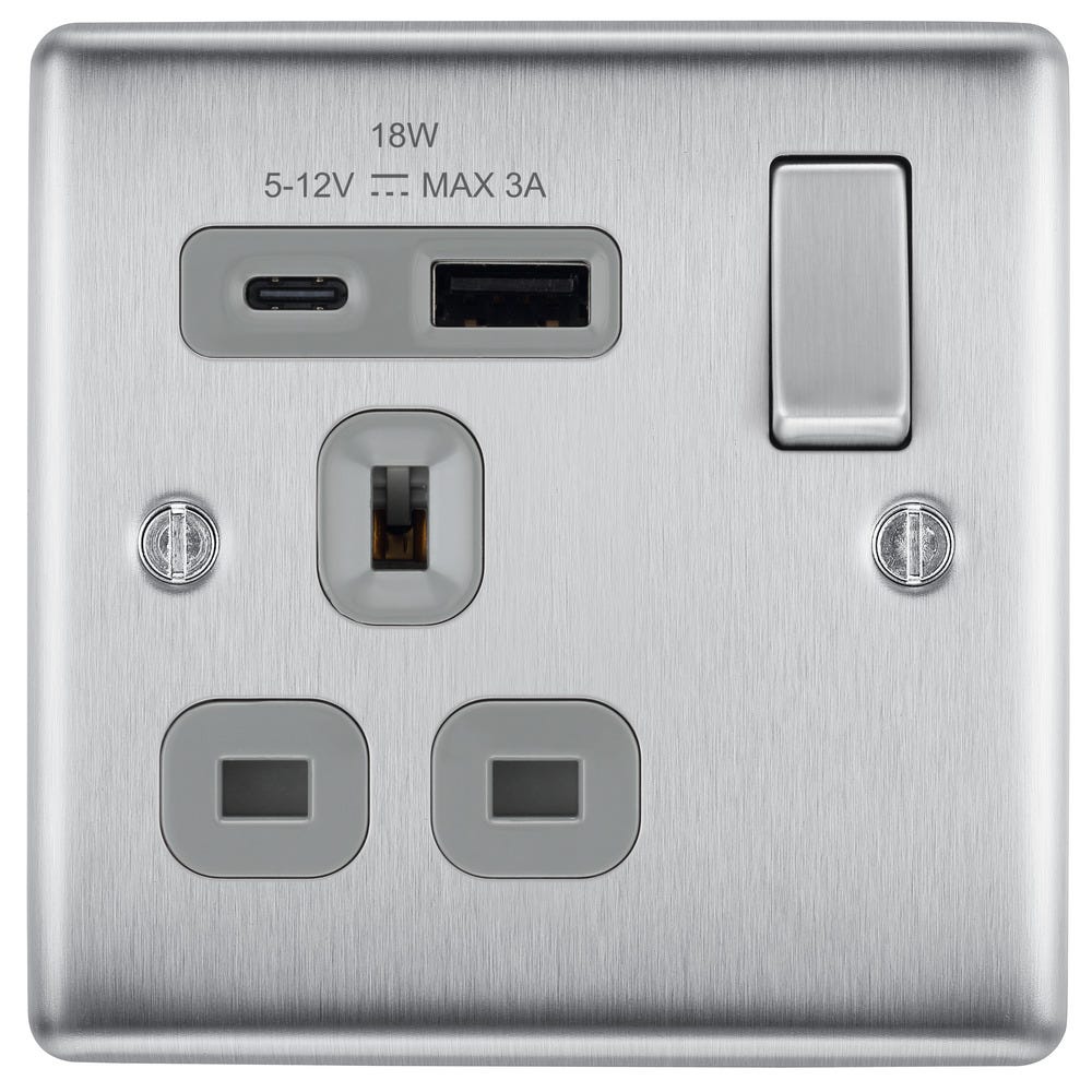 BG 13A 18W 1 Gang Switched Socket & USB-A+C Brushed Steel NBS21UAC18G-01