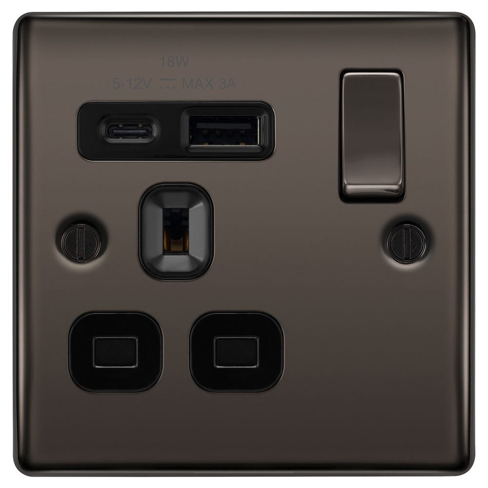 BG 13A 18W 1 Gang Switched Socket & USB-A+C Black Nickel NBN21UAC18B-01